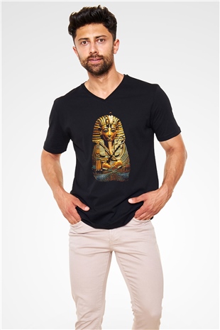 Tutankhamun Baskılı Unisex Siyah V Yaka Tişört - Tshirt