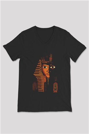 Tutankhamun Baskılı Unisex Siyah V Yaka Tişört - Tshirt