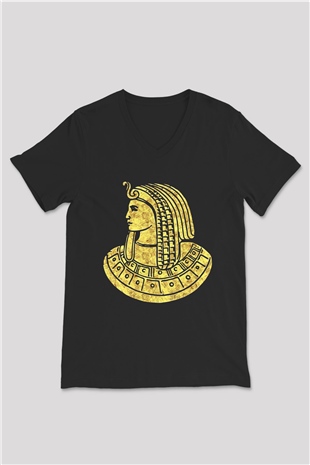 Tutankhamun Baskılı Unisex Siyah V Yaka Tişört - Tshirt