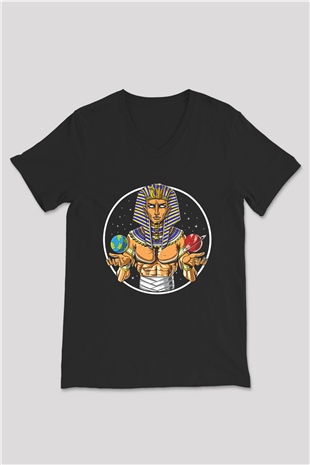 Tutankhamun Baskılı Unisex Siyah V Yaka Tişört - Tshirt