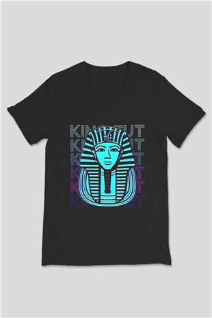 Tutankhamun Baskılı Unisex Siyah V Yaka Tişört - Tshirt