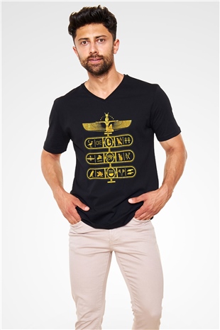 Tutankhamun Baskılı Unisex Siyah V Yaka Tişört - Tshirt