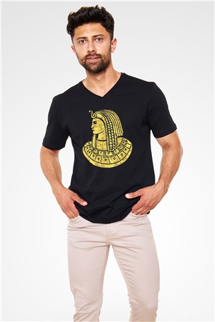 Tutankhamun Baskılı Unisex Siyah V Yaka Tişört - Tshirt