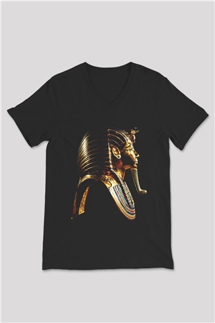 Tutankhamun Baskılı Unisex Siyah V Yaka Tişört - Tshirt