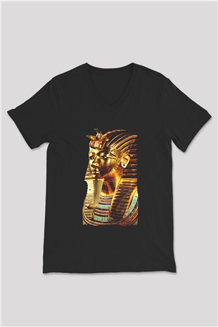 Tutankhamun Baskılı Unisex Siyah V Yaka Tişört - Tshirt