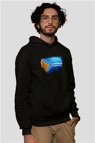 Tuva Cumhuriyeti - Tuva Bayrağı Baskılı Unisex Siyah Kapüşonlu Sweatshirt