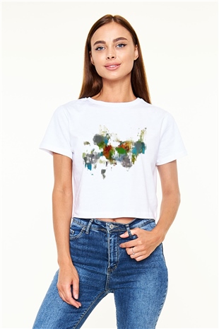 Tuval Beyaz Croptop Tişört