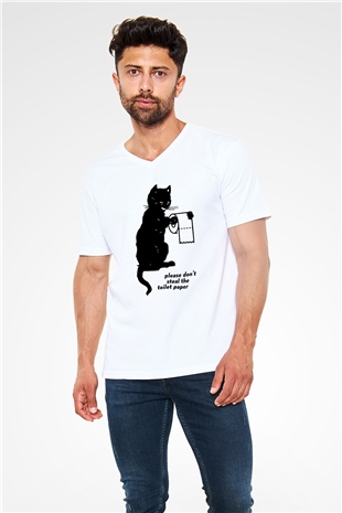 Tuvalet Kağıdı Çalmayın Temalı Baskılı Unisex Beyaz  V Yaka Tişört