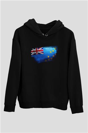 Tuvalu Bayrağı Baskılı Unisex Siyah Kapüşonlu Sweatshirt