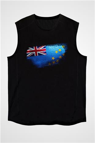 Tuvalu Bayrağı Baskılı Unisex Siyah Kolsuz Tişört