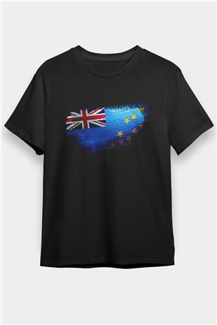 Tuvalu Bayrağı Baskılı Unisex Siyah Tişört
