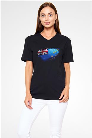 Tuvalu Bayrağı Baskılı Unisex Siyah V Yaka Tişört