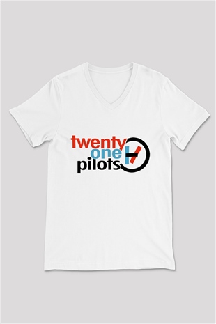 Twenty One Pilots Beyaz Unisex V Yaka Tişört T-Shirt