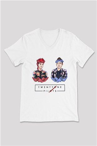 Twenty One Pilots Beyaz Unisex V Yaka Tişört T-Shirt