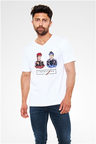 Twenty One Pilots Beyaz Unisex V Yaka Tişört T-Shirt