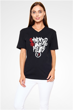 Twenty One Pilots Siyah Unisex V Yaka Tişört T-Shirt