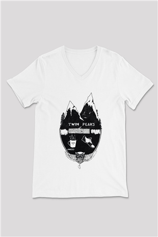 Twin Peaks Beyaz Unisex V Yaka Tişört T-Shirt