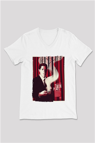 Twin Peaks Beyaz Unisex V Yaka Tişört