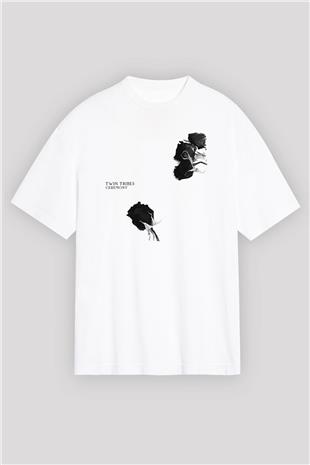 Twin Tribes Baskılı Beyaz Unisex Oversize Tişört - Tshirt