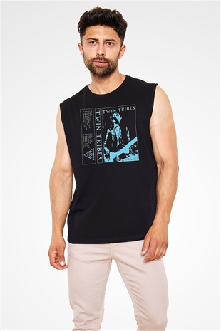 Twin Tribes Baskılı Unisex Siyah Kolsuz Tişört - Tshirt