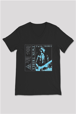 Twin Tribes Baskılı Unisex Siyah V Yaka Tişört - Tshirt