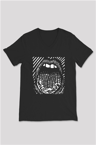 Twin Tribes Baskılı Unisex Siyah V Yaka Tişört - Tshirt