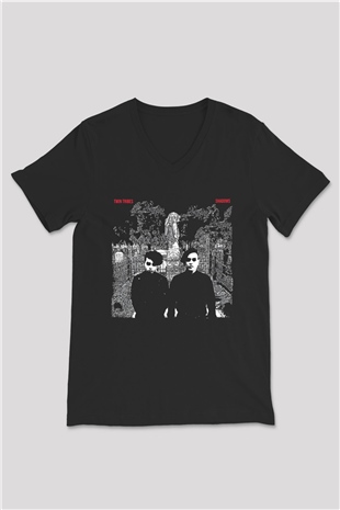 Twin Tribes Baskılı Unisex Siyah V Yaka Tişört - Tshirt