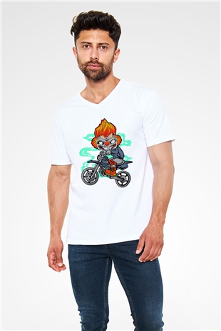 Twisted Metal Motocross Baskılı Beyaz Unisex V Yaka Tişört