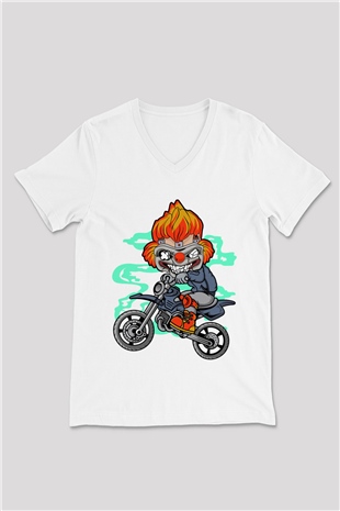 Twisted Metal Motocross Baskılı Beyaz Unisex V Yaka Tişört