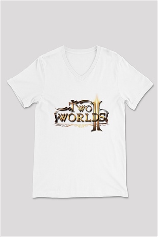 Two Worlds Beyaz Unisex V Yaka Tişört