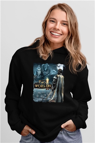 Two Worlds Siyah Unisex Hoodie
