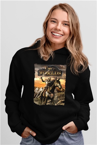 Two Worlds Siyah Unisex Hoodie