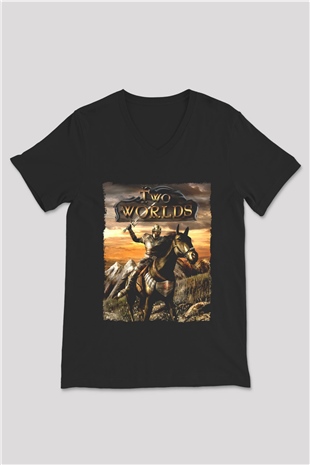 Two Worlds Siyah Unisex V Yaka Tişört