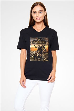 Two Worlds Siyah Unisex V Yaka Tişört