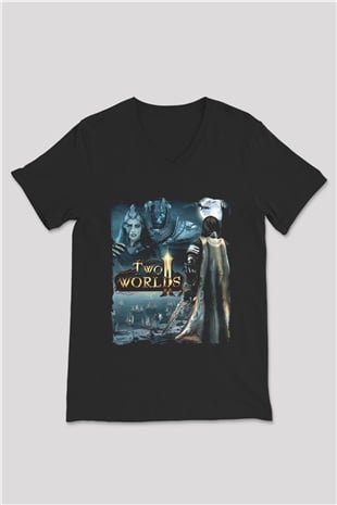 Two Worlds Siyah Unisex V Yaka Tişört