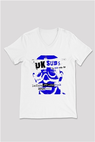 U.K. Subs Beyaz Unisex V Yaka Tişört T-Shirt