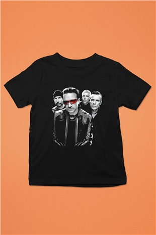 U2 Baskılı Siyah Unisex Çocuk Tişört
