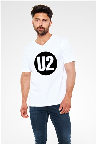 U2 Beyaz Unisex V Yaka Tişört T-Shirt