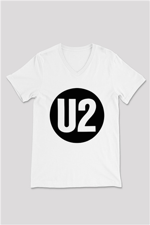 U2 Beyaz Unisex V Yaka Tişört T-Shirt
