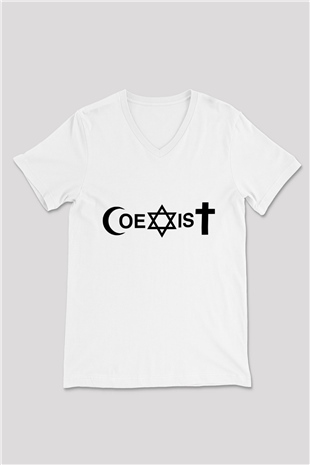 U2 Beyaz Unisex V Yaka Tişört T-Shirt