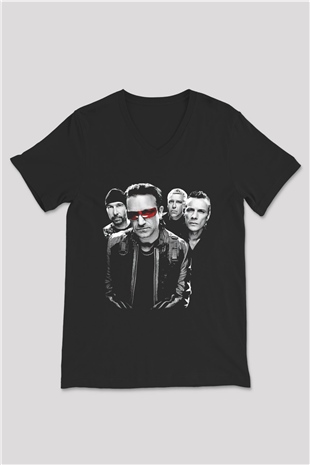 U2 Siyah Unisex V Yaka Tişört T-Shirt