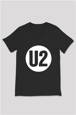 U2 Siyah Unisex V Yaka Tişört T-Shirt