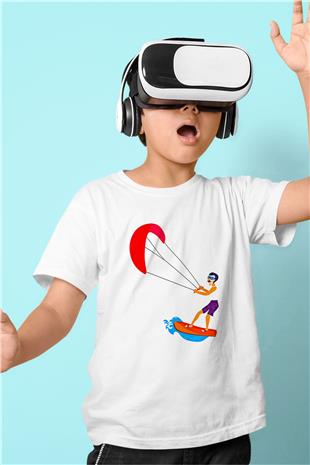 Uçurtma Kayağı Baskılı Unisex Beyaz Çocuk Tişört - Tshirt