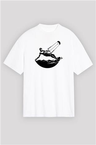 Uçurtma Kayağı Baskılı Unisex Beyaz Oversize Tişört - Tshirt