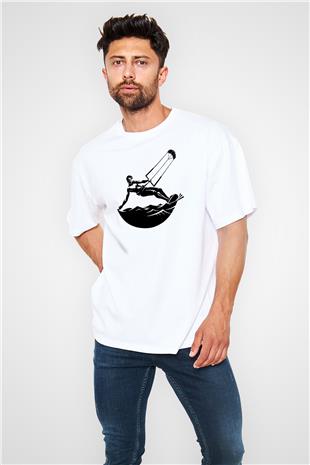 Uçurtma Kayağı Baskılı Unisex Beyaz Oversize Tişört - Tshirt