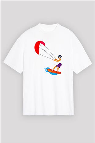 Uçurtma Kayağı Baskılı Unisex Beyaz Oversize Tişört - Tshirt