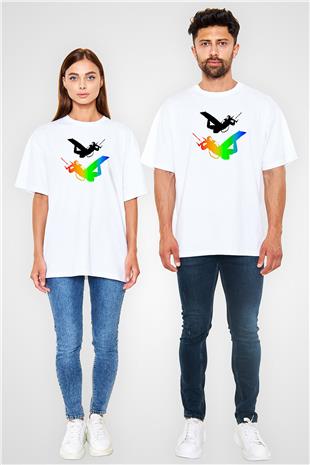 Uçurtma Kayağı Baskılı Unisex Beyaz Oversize Tişört - Tshirt