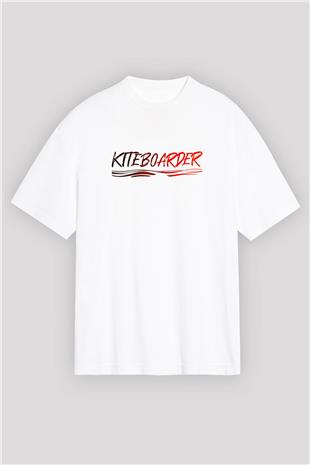 Uçurtma Kayağı Baskılı Unisex Beyaz Oversize Tişört - Tshirt