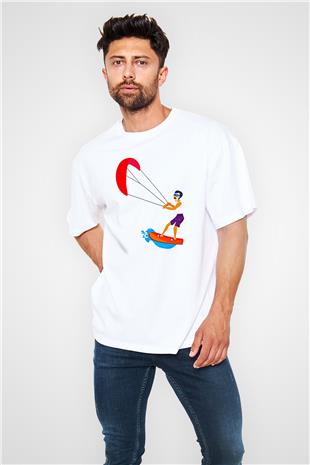 Uçurtma Kayağı Baskılı Unisex Beyaz Oversize Tişört - Tshirt