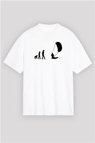 Uçurtma Kayağı Baskılı Unisex Beyaz Oversize Tişört - Tshirt